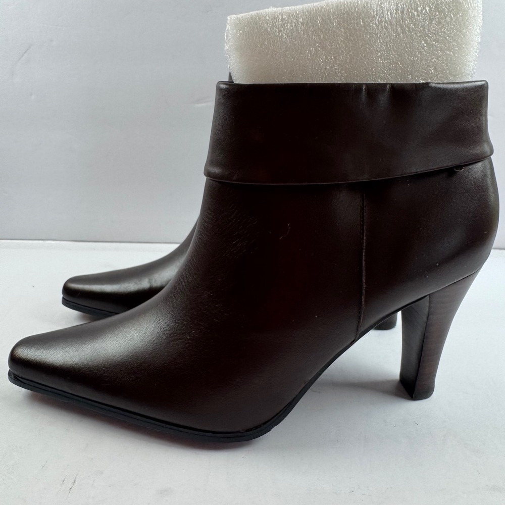 Brown Leather Pointed Toe Ankle Booties Side Zip Stiletto Heel Women 7.5M